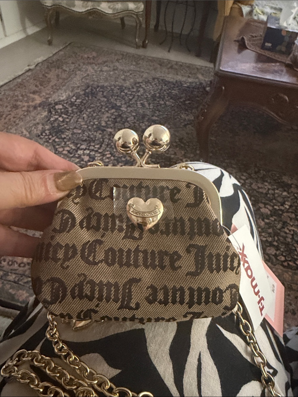 Juicy Couture Brown Logo Kiss-Lock Mini Crossbody with Gold Hardware
